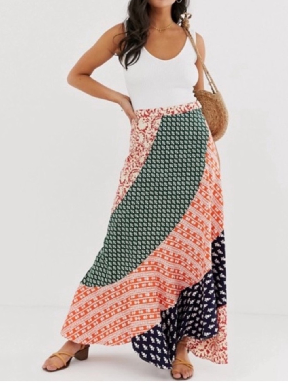 Free People Hidden Earth Maxi Skirt Size 0 Cotton Patchwork Bohemian Floral